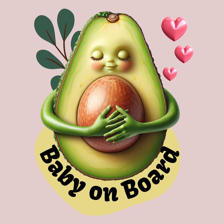 Cute avocado with a baby face hugging its seed, hearts floating above.