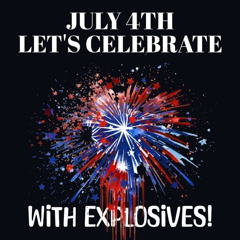 Silhouettes with sparklers and fireworks text: 'Let's Celebrate with Explosives!'