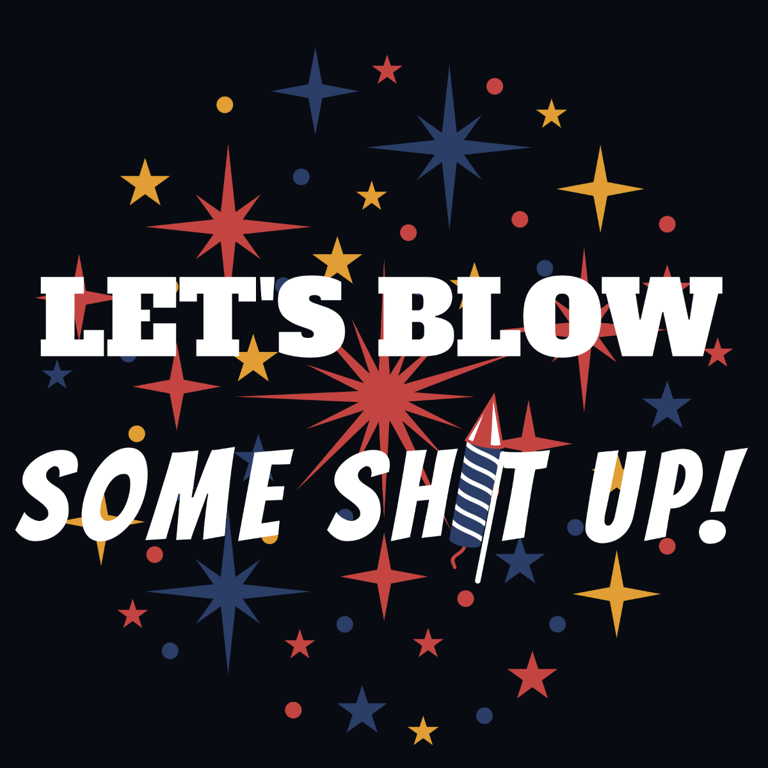 Bold fireworks text with red, white, and blue stars and a rocket graphic in center.