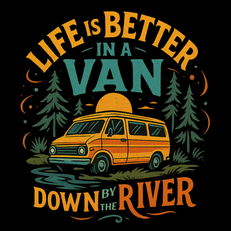 Retro van by the river with text "Life is Better in a Van Down by the River"