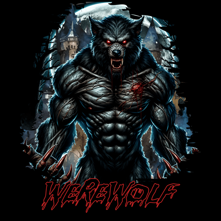 Snarling werewolf with glowing red eyes and blood under full moon with haunted castle