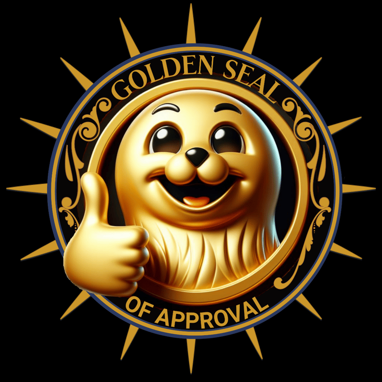 Smiling golden seal with thumbs up in badge reading "Golden Seal of Approval"