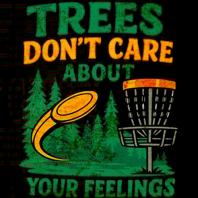 Vintage disc golf shirt says "Trees Don’t Care About Your Feelings" with trees