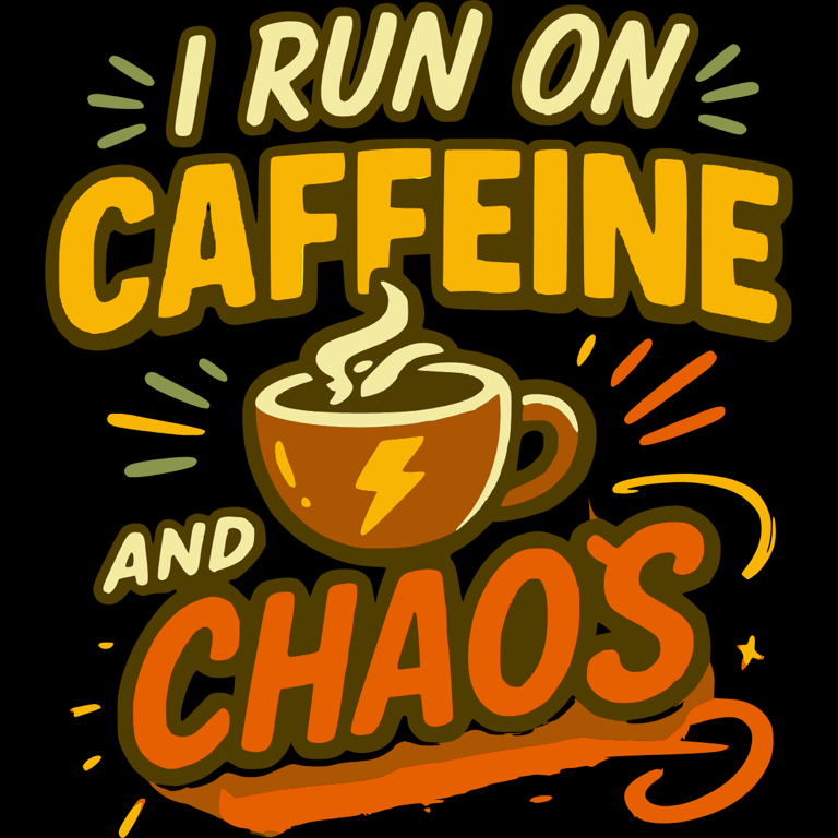 Bold cartoon-style text says “I Run on Caffeine and Chaos” with a steaming coffee cup in the center