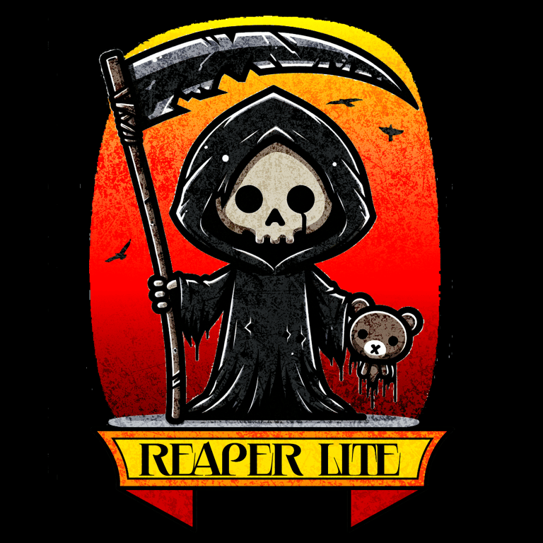 Cute grim reaper holding teddy bear with scythe, fiery orange and red background