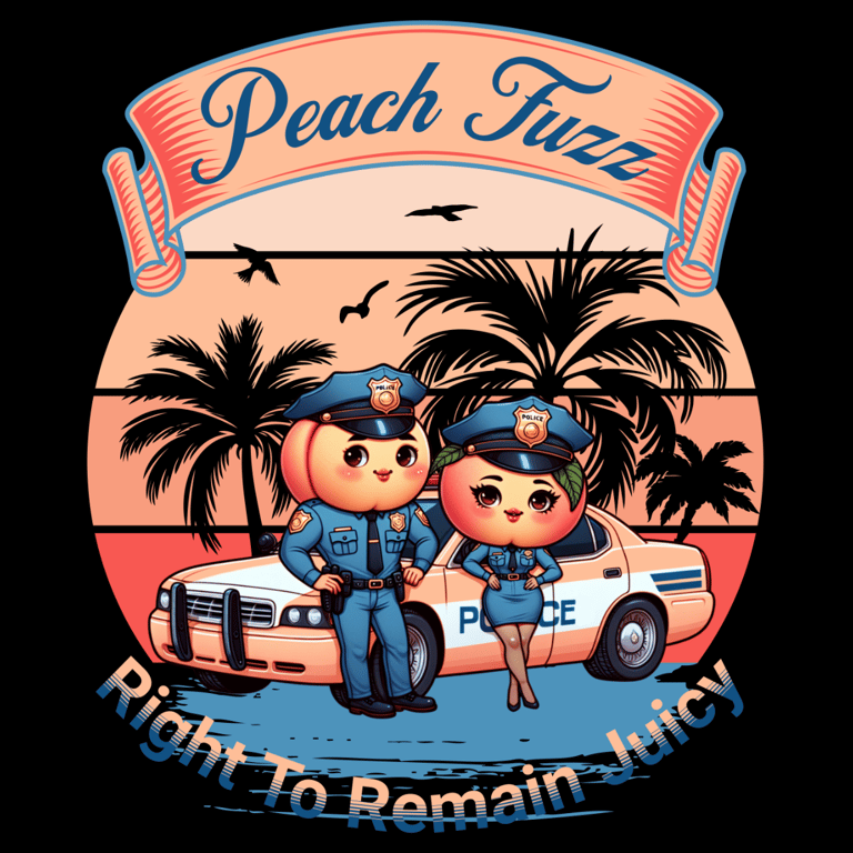 Two peach police officers in front of car with text Peach Fuzz and Juicy tagline