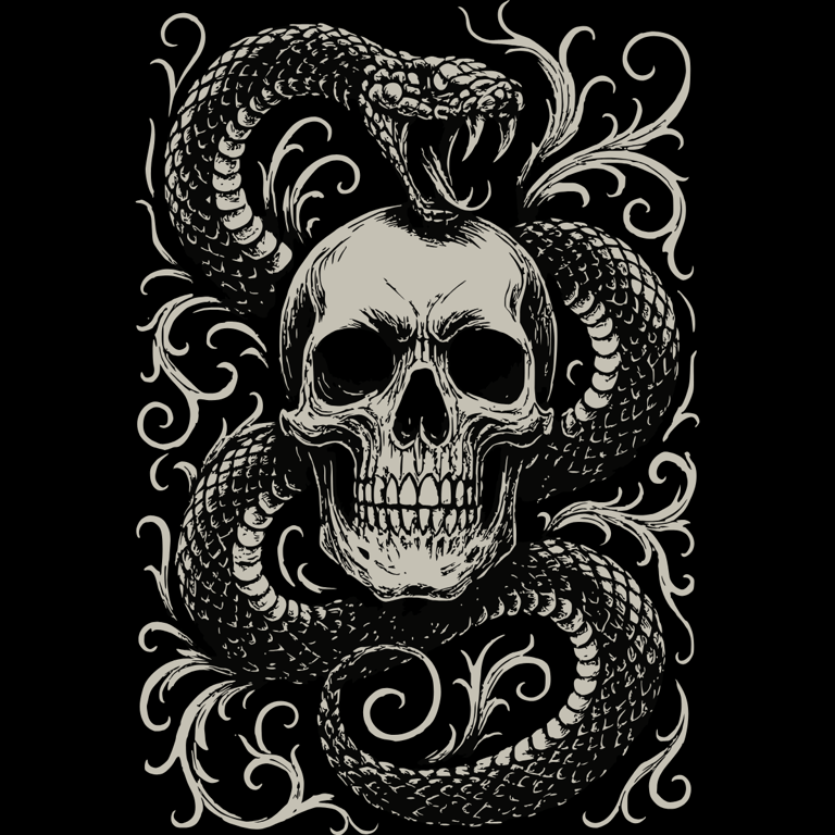 Vintage skull and snake design with ornate flourishes on transparent background