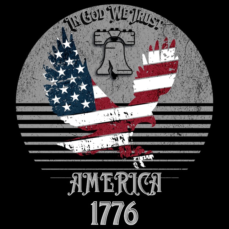 Distressed eagle and Liberty Bell design with “In God We Trust” and America 1776 text