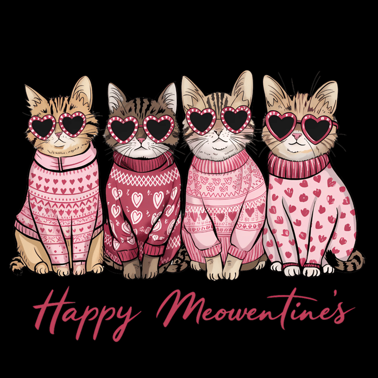 three cats wearing sweaters and sunglasses with hearts on them