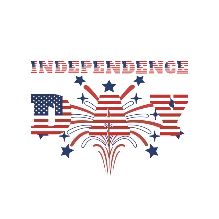 Independence Day text with U.S. flag pattern and fireworks bursting behind the word "DAY"