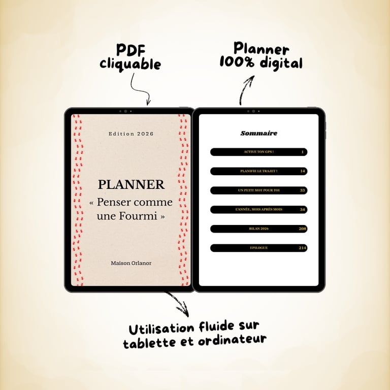 Agenda numérique affiché sur une tablette avec table des matières PDF cliquable pour l'organisation