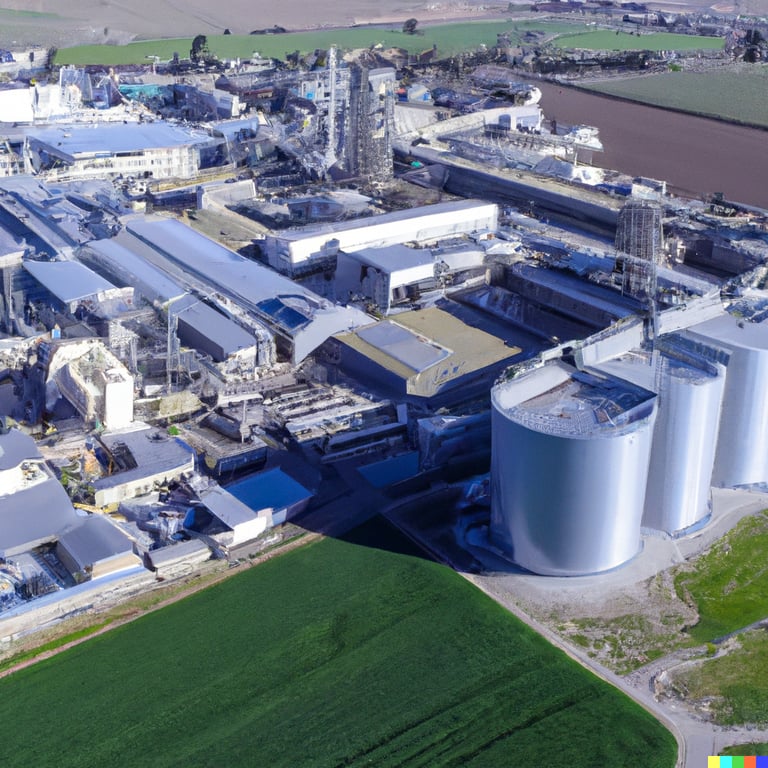 a large industrial plant with a large amount of grain silos
