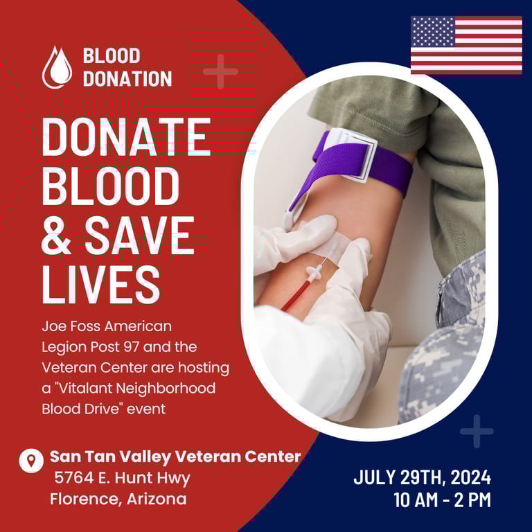 Graphic for the Joe Foss American Legion Post 97 Blood Drive depicting a soldier getting their blood drawn
