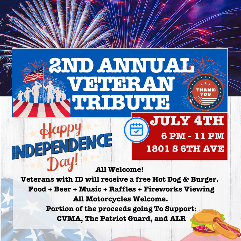 Graphic flyer. Text reads: American Patriot Memorial, Honor and Remember Presents: 2nd Annual Veteran Tribute.  July 4th, 6PM