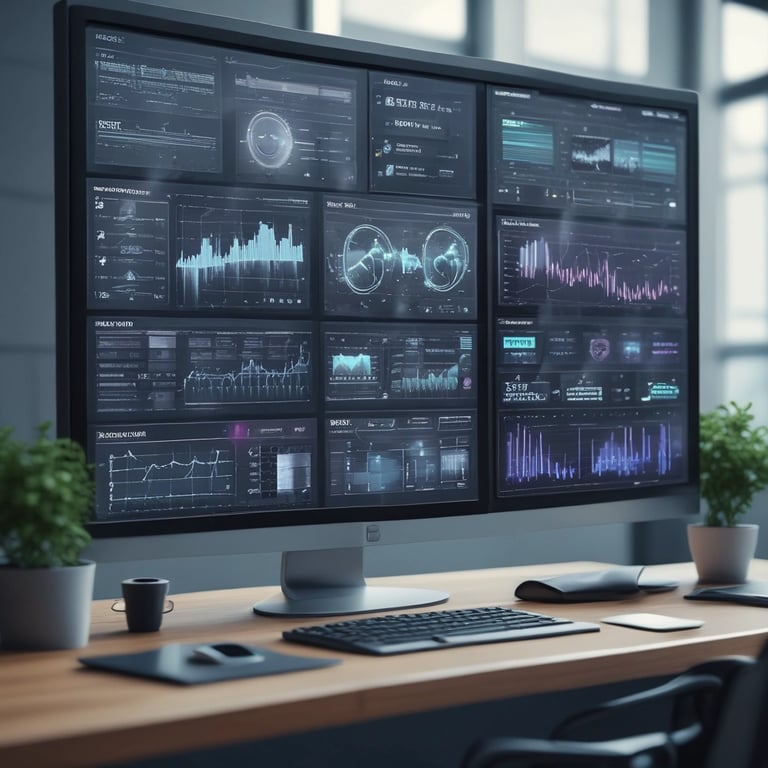 A wide computer monitor displaying a digital dashboard of data analytics and financial graphs on a modern office desk.