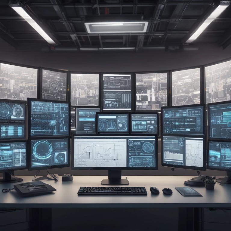 A high-tech control center workstation with multiple computer monitors displaying data and analytics.