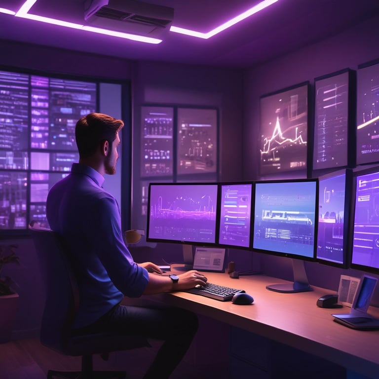 small business office in Florida at night, with a founder reviewing a dashboard on a laptop while an