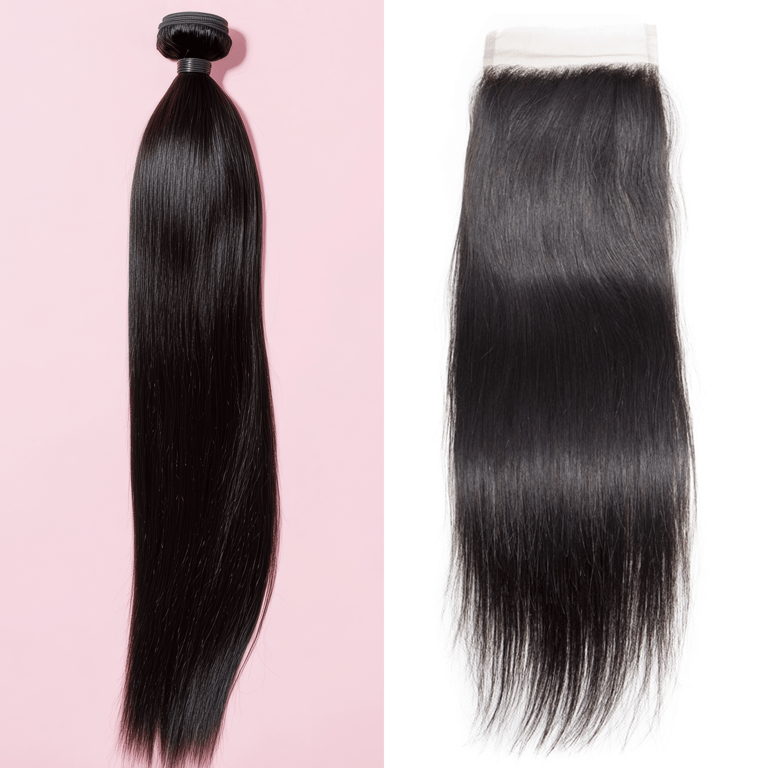 A side-by-side image displaying an example of the Natural Brown Straight Bundle & Closure Deals.