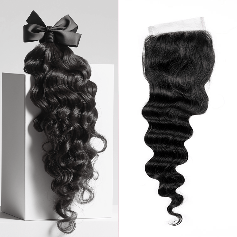 A side-by-side image displaying an example of the Jet Black Curly Bundle & Closure Deals.