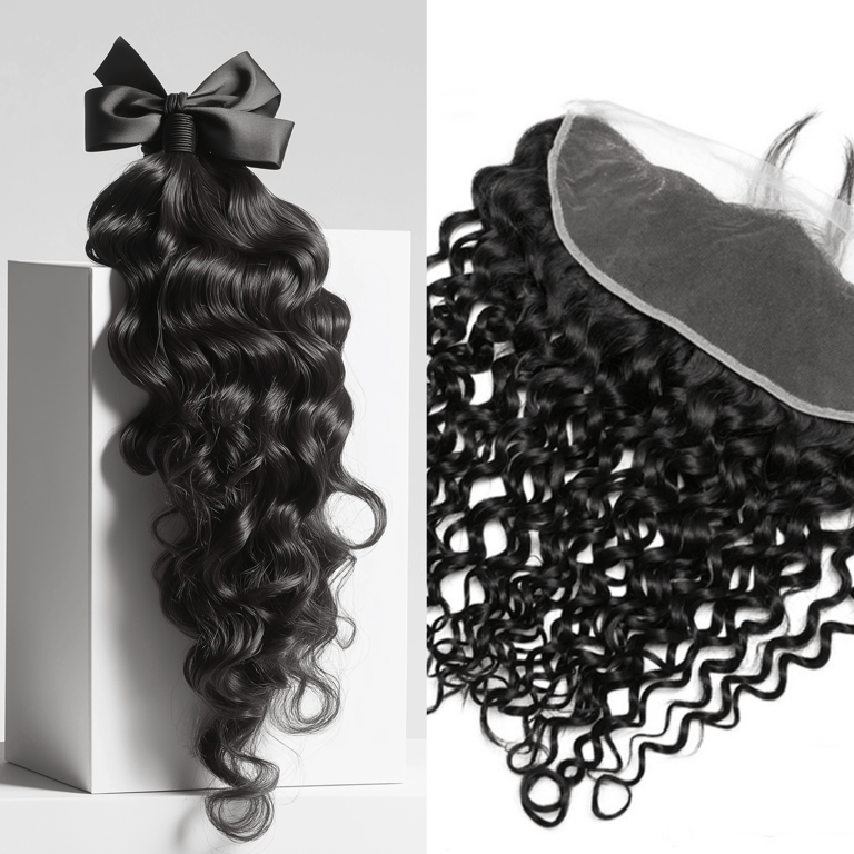 A side-by-side image displaying an example of the Jet Black Curly Bundle & Frontal Deals.