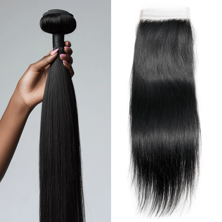 A side-by-side image displaying an example of the Jet Black Straight Bundle & Closure Deals.