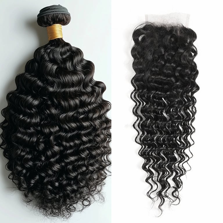 A side-by-side image displaying an example of the Jet Black Tight Curly Bundle & Closure Deals.