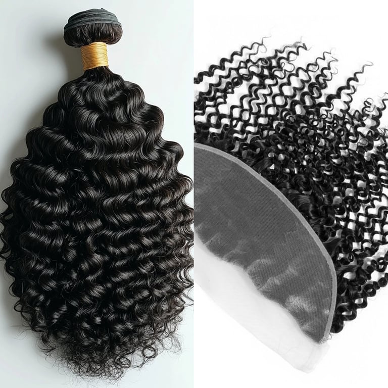A side-by-side image displaying an example of the Jet Black Tight Curly Bundle & Frontal Deals.
