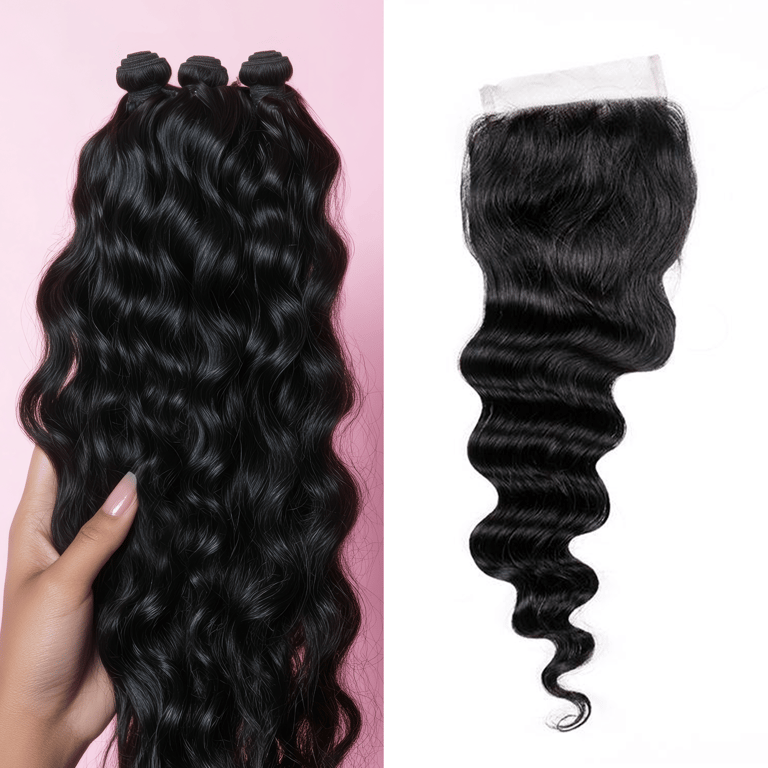 A side-by-side image displaying an example of the Natural Brown Curly Bundle & Closure Deals.