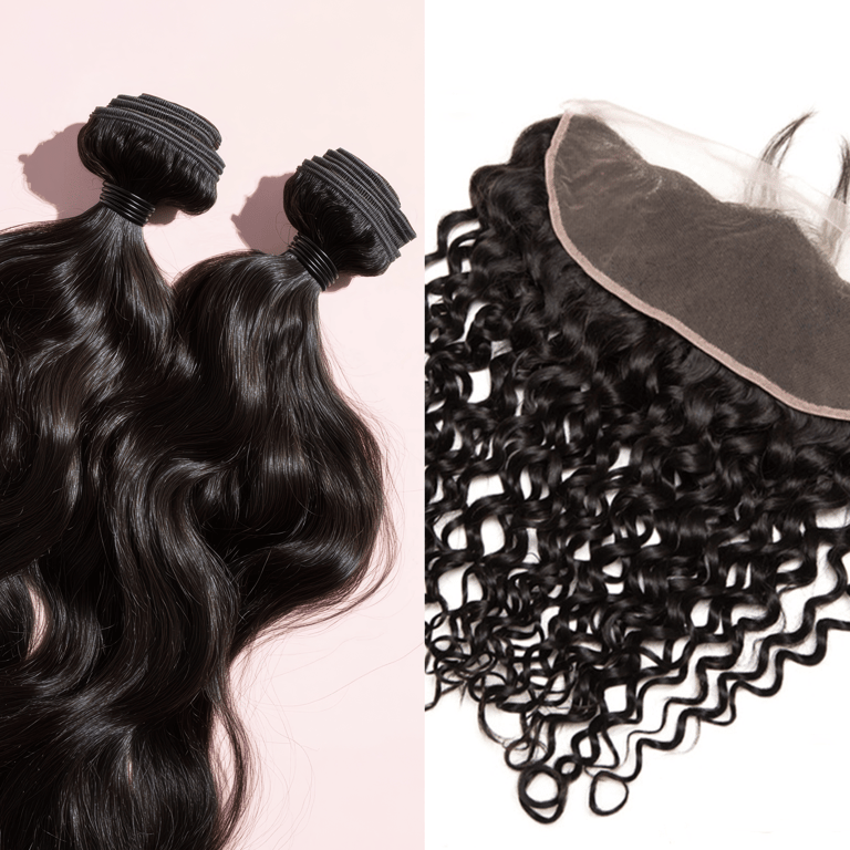 A side-by-side image displaying an example of the Natural Brown Curly Bundle & Closure Deals.
