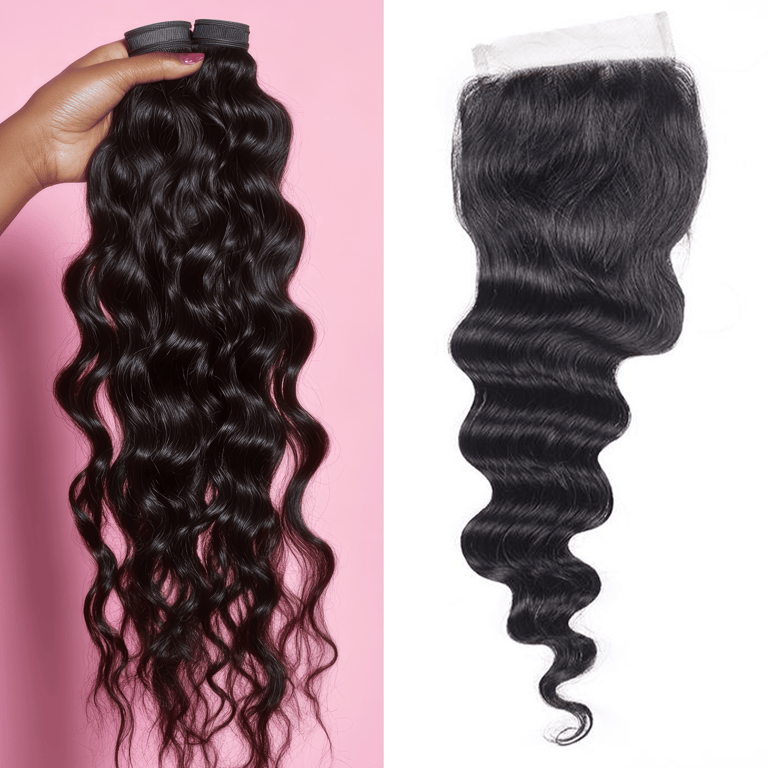 A side-by-side image displaying an example of the Natural Brown Loose Curly Bundle & Closure Deals.