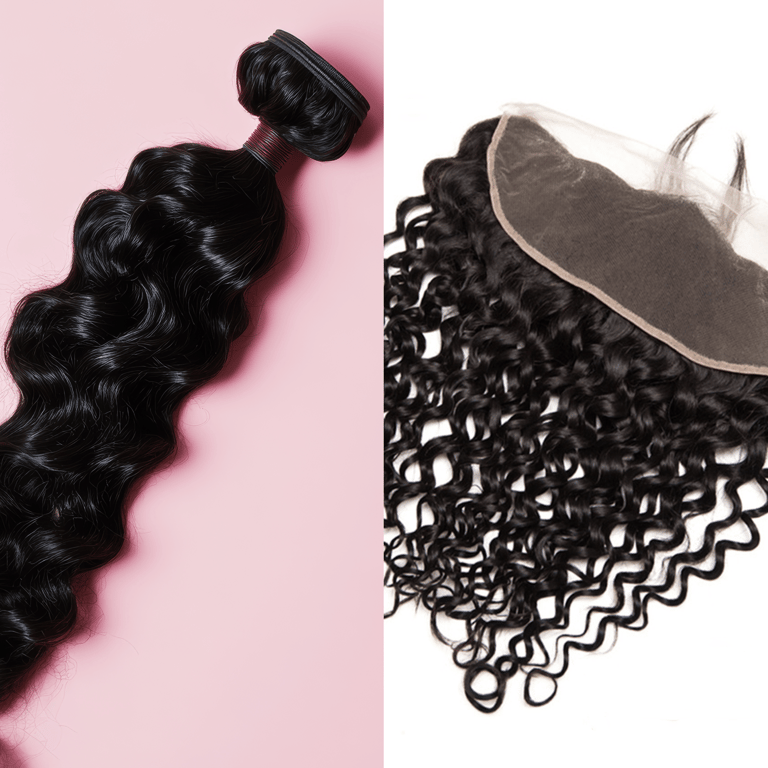 A side-by-side image displaying an example of the Natural Brown Loose Curly Bundle & Frontal Deals.