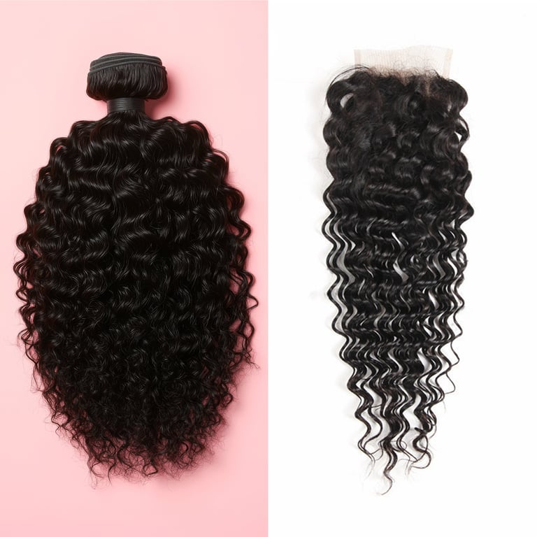 A side-by-side image displaying an example of the Natural Brown Tight Curly Bundle & Closure Deals.