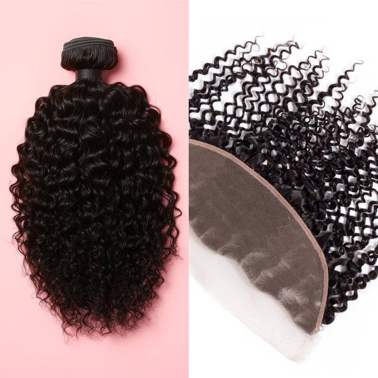 A side-by-side image displaying an example of the Natural Brown Tight Curly Bundle & Frontal Deals.