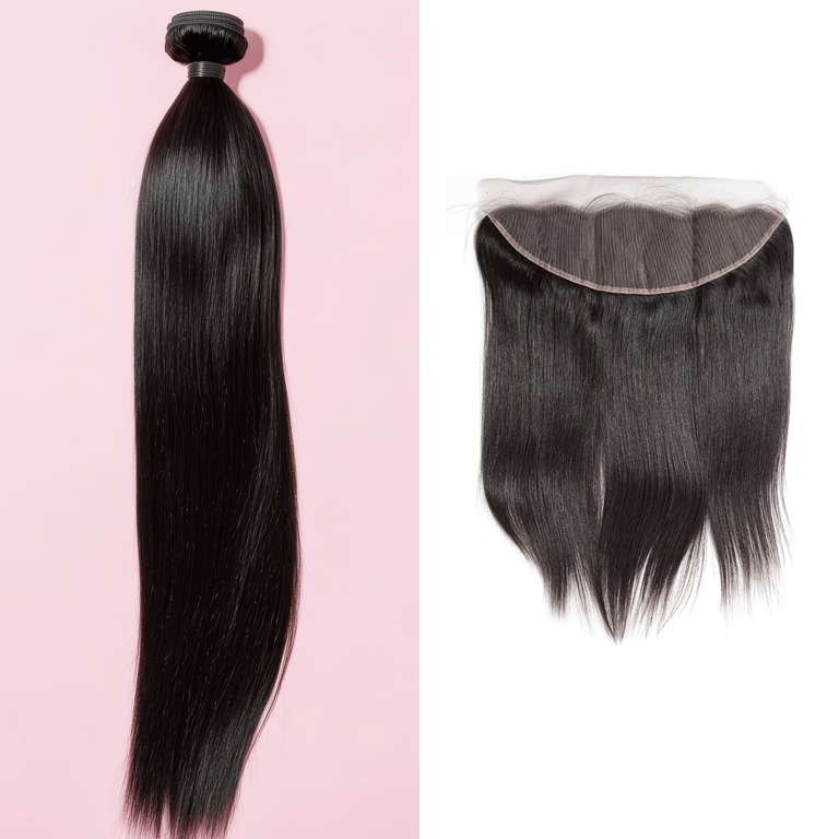 A side-by-side image displaying an example of the Natural Brown Straight Bundle & Frontal Deals.