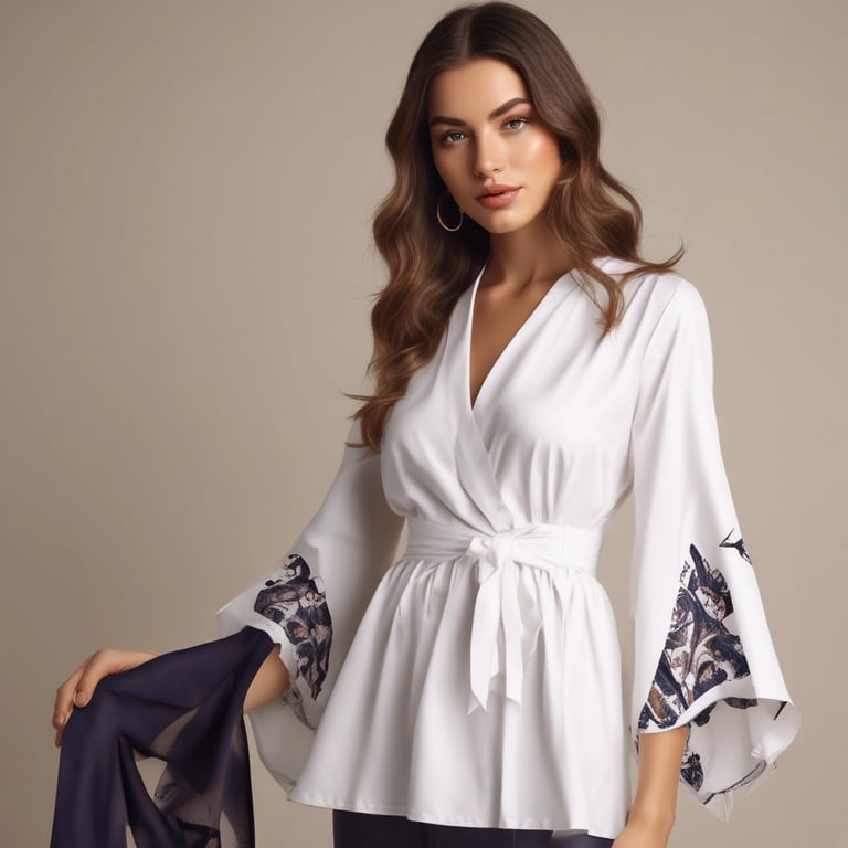 a woman in a white blouse and blue pants