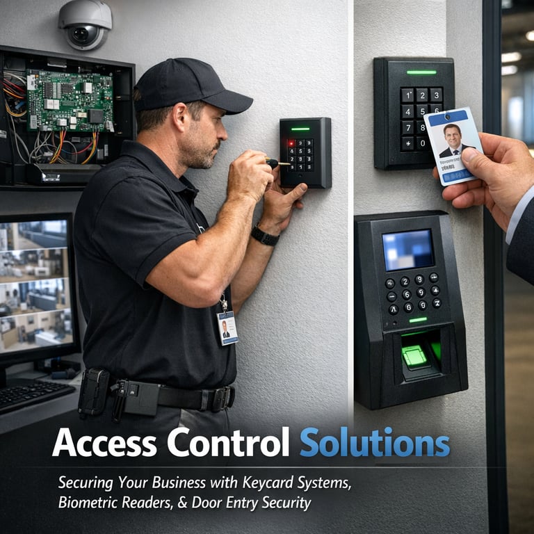 Security technician installing an access control keypad and wiring inside a surveillance‑equipped co