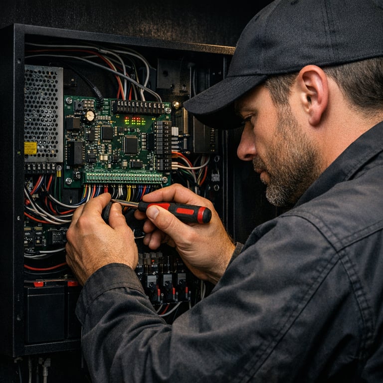 Access control panel with a technician adjusting components and wiring