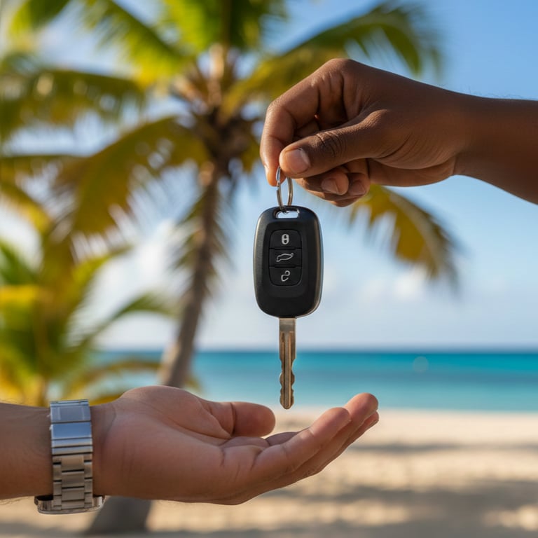 Remise de clés de voiture de location par un agent LocXperience sur une plage en Martinique