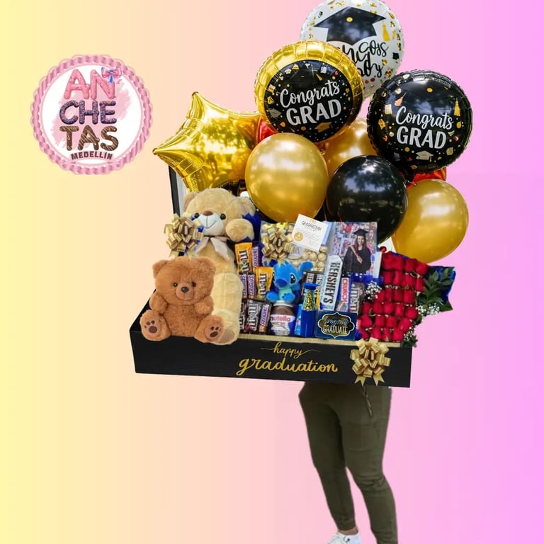 a woman holding a box of balloons and balloons