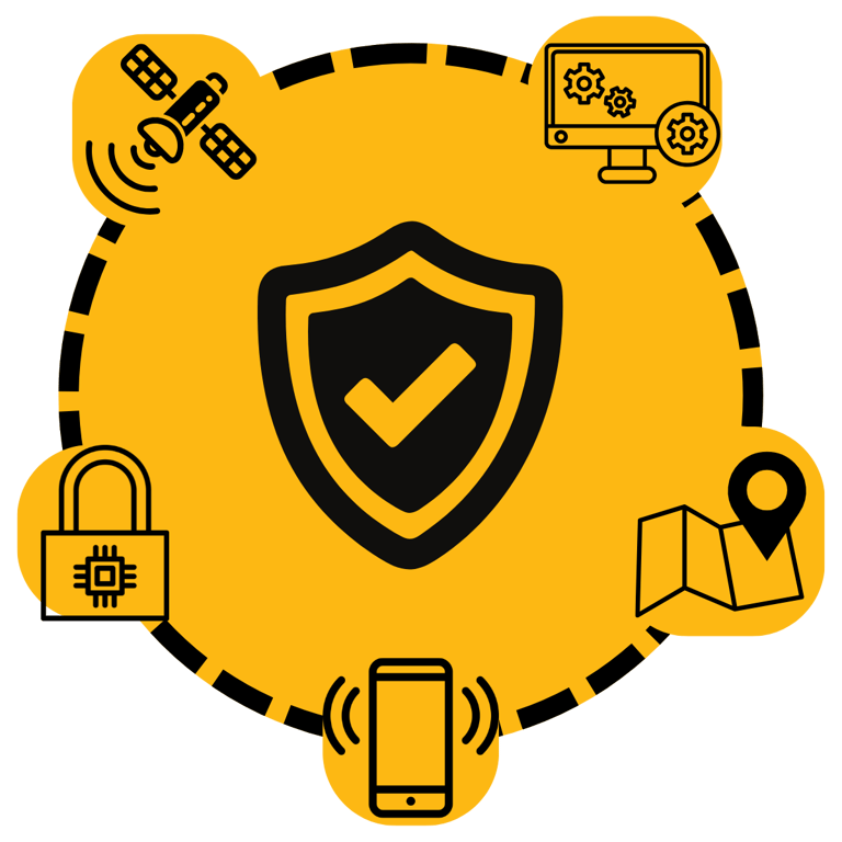 Infográfico de segurança Rastrek Vinicar — satélite, computador, cadeado, smartphone e mapa conectados a escudo de proteção d