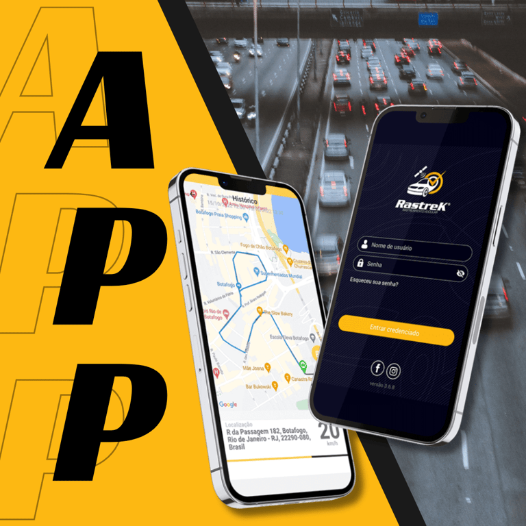 Mock-up do aplicativo Rastrek – mapa em tempo real e tela de login no smartphone, rastreamento veicular em Viamão