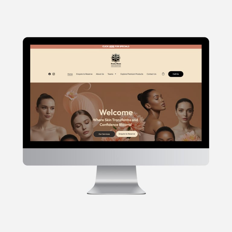 Desktop monitor displaying the Beauty Bloom Collective skincare website with diverse models and a floral theme.