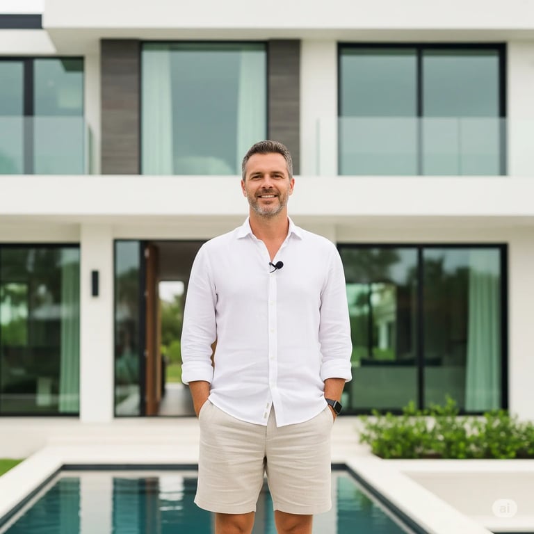 Professional real estate agent standing in front of a luxury home listing in Los Cabos.