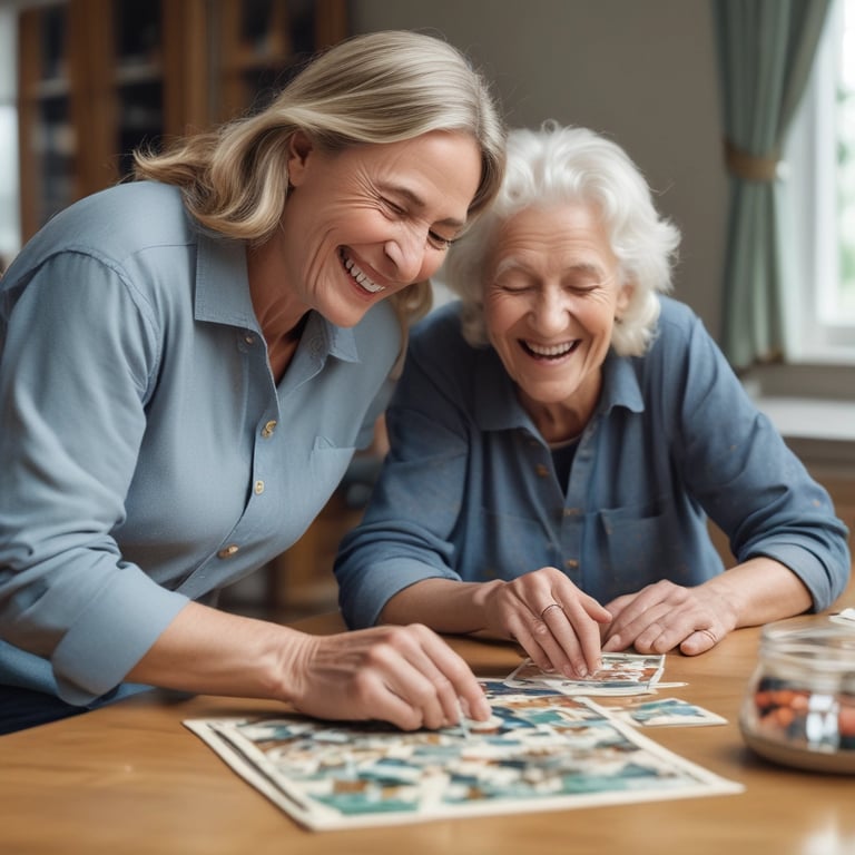 Mujeres divirtiéndose haciendo un puzle juntas
