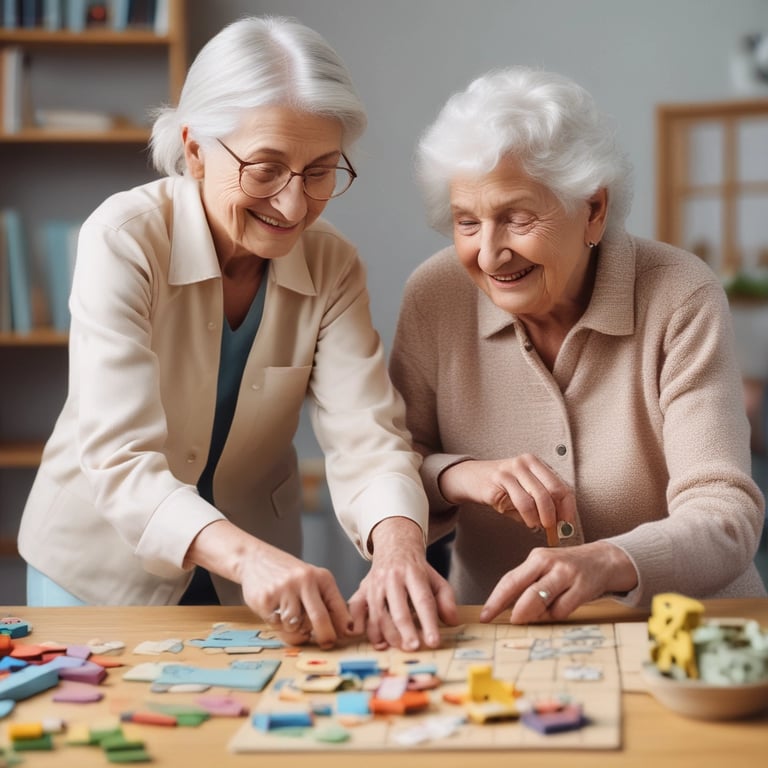 a woman and a man playing a game of puzzles