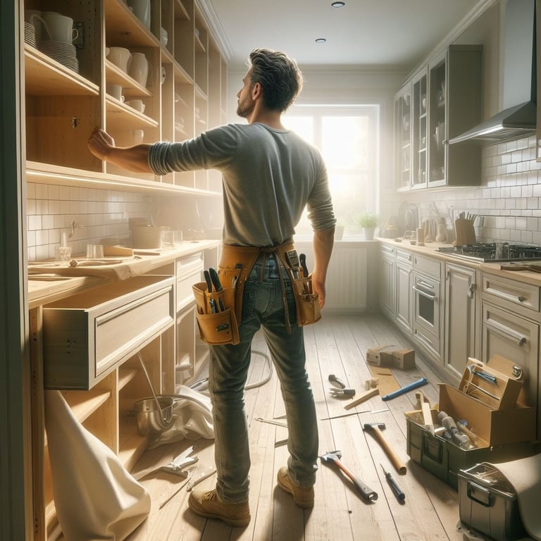 man installing cabinets