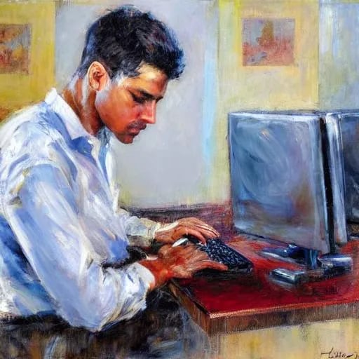 Substack’s AI image generator created a “person programming on a computer” image in painting style