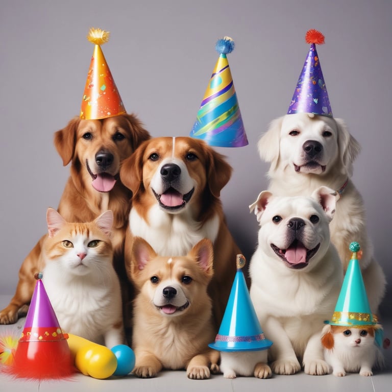 pets with party hats ready for national pet day celebrations