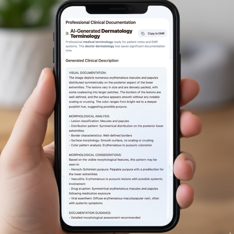Derm describe app screen showing a complex interpretation of a skin lesion suitable for healthcare