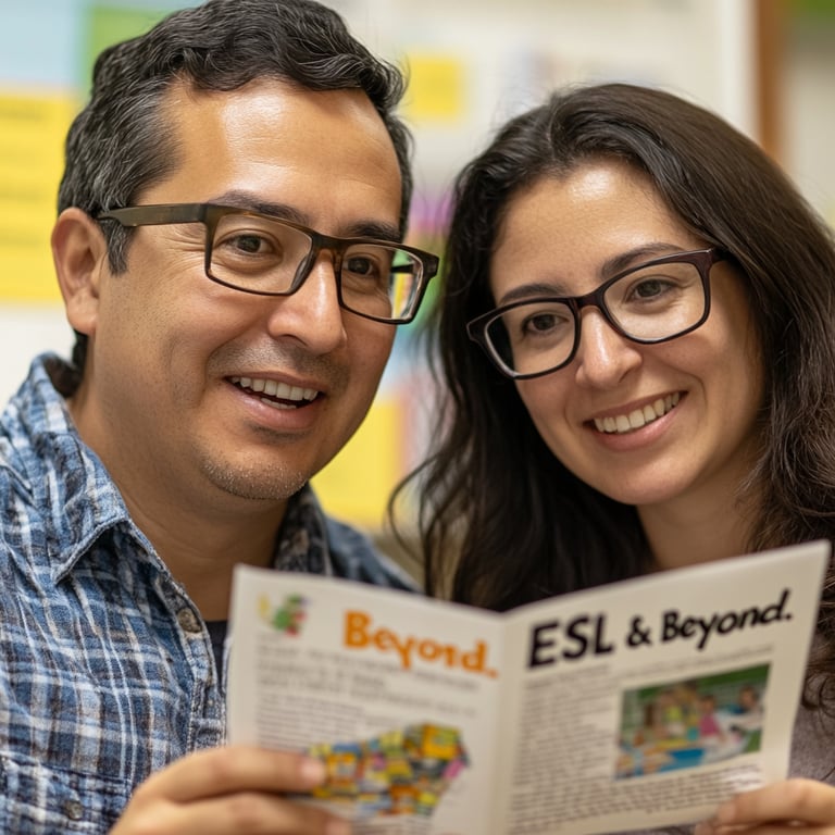 a man and woman are smiling and holding a newsletter called ESL & Beyond